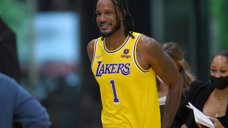 Sep 28, 2021; Los Angeles, CA, USA; Los Angeles Lakers forward Trevor Ariza (1) is photographed during media day at the UCLA Health and Training Center in El Segundo, Calif.  Mandatory Credit: Jayne Kamin-Oncea-USA TODAY Sports