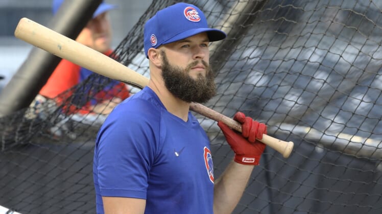 Sep 28, 2021; Pittsburgh, Pennsylvania, USA;  Chicago Cubs second baseman David Bote (13) at the batting cage before the game against the Pittsburgh Pirates at PNC Park. Mandatory Credit: Charles LeClaire-USA TODAY Sports