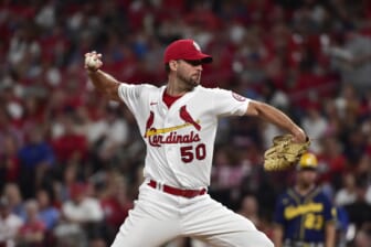 Sep 28, 2021; St. Louis, Missouri, USA;  St. Louis Cardinals starting pitcher Adam Wainwright (50) pitches during the fourth inning against the Milwaukee Brewers at Busch Stadium. Mandatory Credit: Jeff Curry-USA TODAY Sports