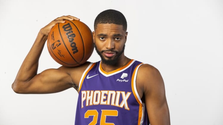Sep 27, 2021; Phoenix, AZ, USA; Phoenix Suns forward Mikal Bridges poses for a portrait during media day at the Footprint Center. Mandatory Credit: Mark J. Rebilas-USA TODAY Sports
