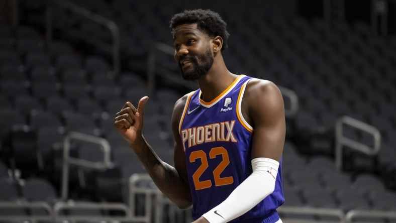 Sep 27, 2021; Phoenix, AZ, USA; Phoenix Suns center DeAndre Ayton during media day at the Footprint Center. Mandatory Credit: Mark J. Rebilas-USA TODAY Sports