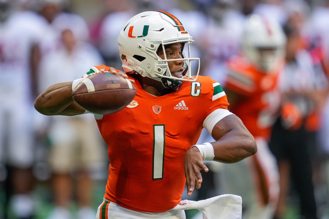 Sep 4, 2021; Atlanta, Georgia, USA; Miami Hurricanes quarterback D'Eriq King (1) in action against the Alabama Crimson Tide at Mercedes-Benz Stadium. Mandatory Credit: Dale Zanine-USA TODAY Sports