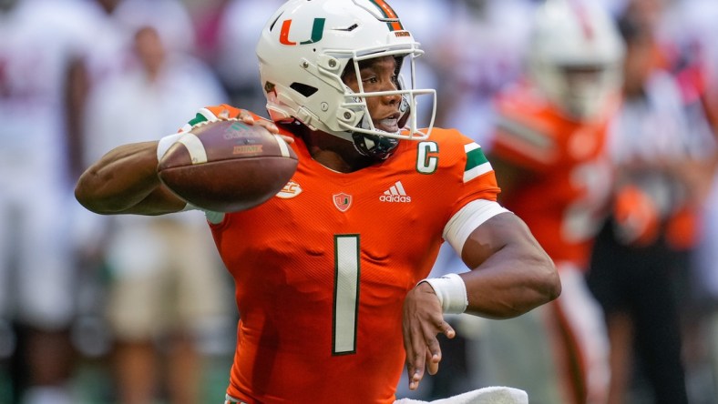 Sep 4, 2021; Atlanta, Georgia, USA; Miami Hurricanes quarterback D'Eriq King (1) in action against the Alabama Crimson Tide at Mercedes-Benz Stadium. Mandatory Credit: Dale Zanine-USA TODAY Sports