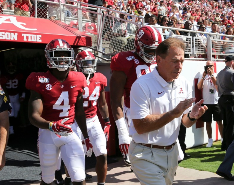 Coach Nick Saban leads the Crimson Tide players onto the field before Alabama's 49-7 victory over Southern Miss Saturday, Sept. 21, 2019 in Bryant-Denny Stadium. [Staff Photo/Gary Cosby Jr.]

Alabama Defeats Southern Miss