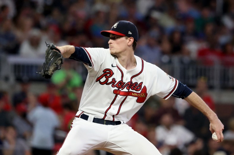 Sep 29, 2021; Atlanta, Georgia, USA; Atlanta Braves starting pitcher Max Fried (54) delivers to a Philadelphia Phillies batter during the second inning at Truist Park. Mandatory Credit: Jason Getz-USA TODAY Sports