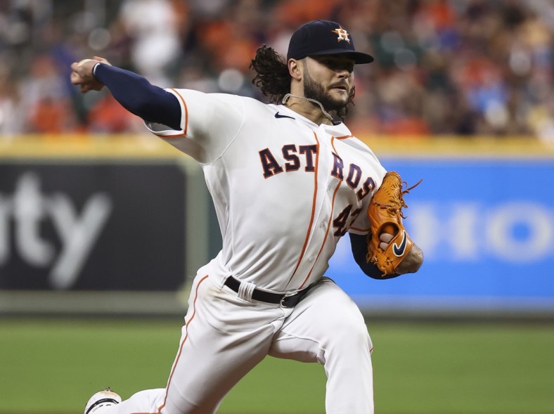 Sep 30, 2021; Houston, Texas, USA; Houston Astros starting pitcher Lance McCullers Jr. (43) delivers a pitch during the fifth inning against the Tampa Bay Rays at Minute Maid Park. Mandatory Credit: Troy Taormina-USA TODAY Sports