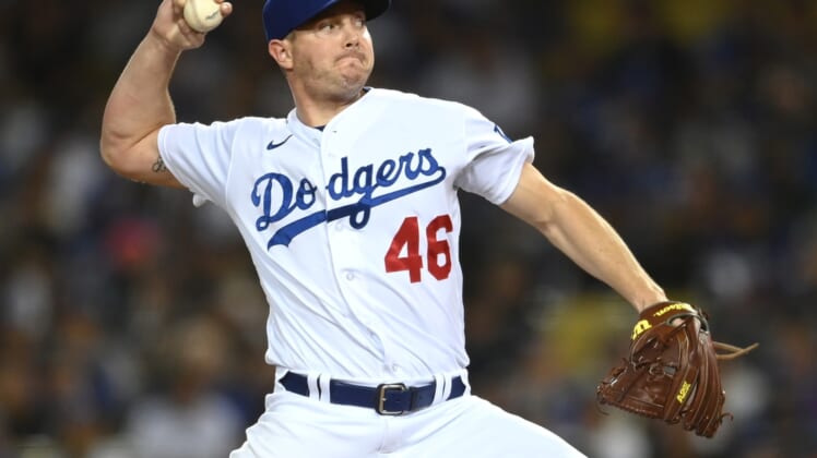 Sep 30, 2021; Los Angeles, California, USA;  Los Angeles Dodgers relief pitcher Corey Knebel (46) in the sixth inning of the game against the San Diego Padres at Dodger Stadium. Mandatory Credit: Jayne Kamin-Oncea-USA TODAY Sports