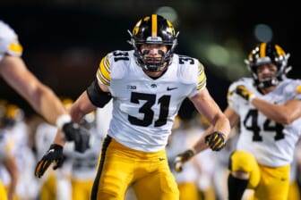 Oct 1, 2021; College Park, Maryland, USA; Iowa Hawkeyes linebacker Jack Campbell (31) warms up before the game against the Maryland Terrapins at Capital One Field at Maryland Stadium. Mandatory Credit: Scott Taetsch-USA TODAY Sports