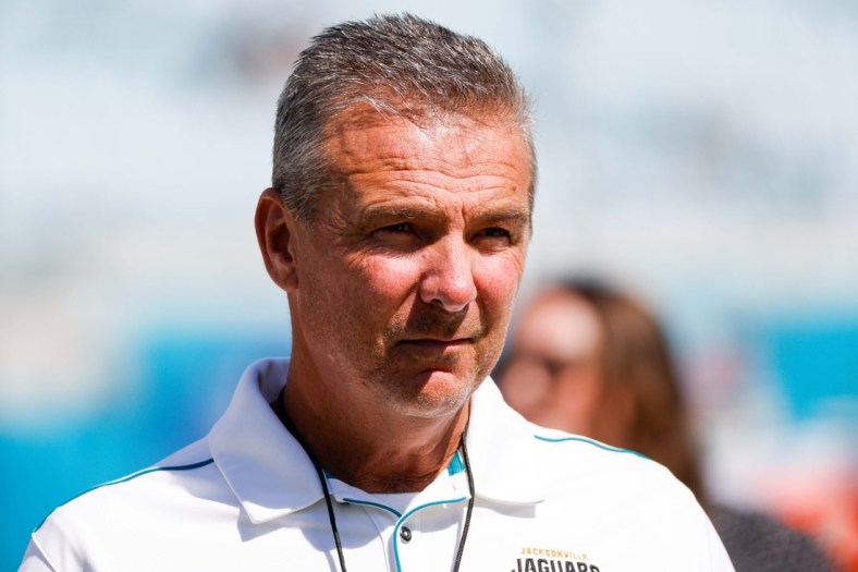 Sep 26, 2021; Jacksonville, Florida, USA;  Jacksonville Jaguars head coach Urban Meyer looks on prior to the watery of a game against the Arizona Cardinals at TIAA Bank Field. Mandatory Credit: Nathan Ray Seebeck-USA TODAY Sports
