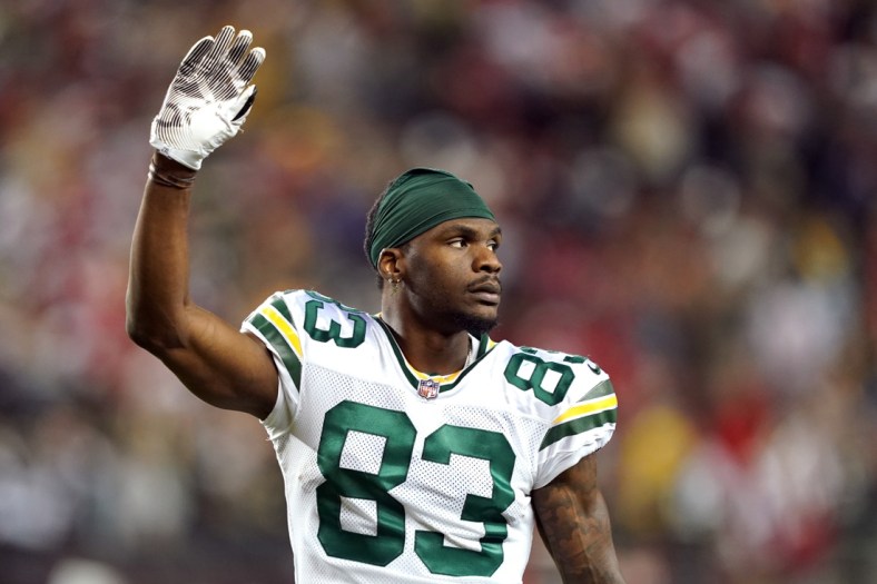 Sep 26, 2021; Santa Clara, California, USA; Green Bay Packers wide receiver Marquez Valdes-Scantling (83) gestures after the game against the San Francisco 49ers at Levi's Stadium. Mandatory Credit: Darren Yamashita-USA TODAY Sports
