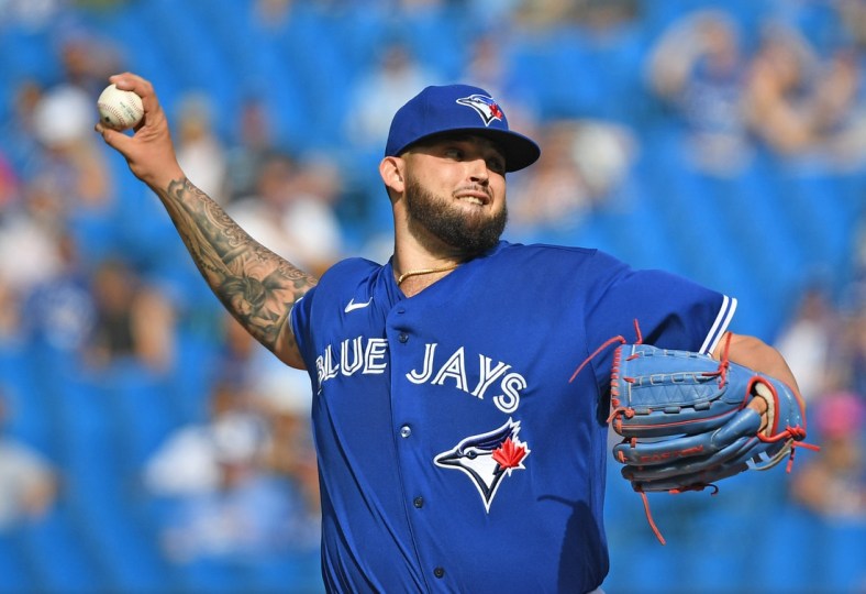 Oct 2, 2021; Toronto, Ontario, CAN;   Toronto Blue Jays starting pitcher Alek Manoah (6) delivers a pitch against Baltimore Orioles in the first inning at Rogers Centre. Mandatory Credit: Dan Hamilton-USA TODAY Sports