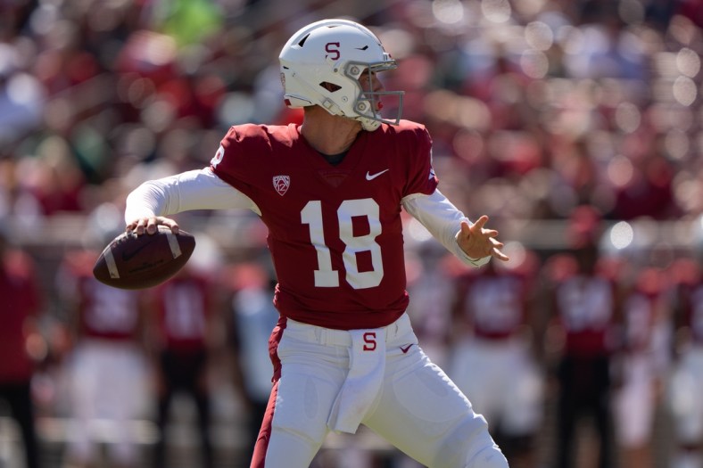Oct 2, 2021; Stanford, California, USA;  Stanford Cardinal quarterback Tanner McKee (18) throws the ball during the first quarter against the Oregon Ducks at Stanford Stadium. Mandatory Credit: Stan Szeto-USA TODAY Sports