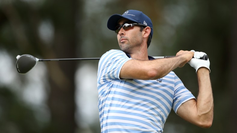 Oct 2, 2021; Jackson, Mississippi, USA; Cameron Tringale hits his tee shot on the 18th hole during the third round of the Sanderson Farms Championship at the Country Club of Jackson. Mandatory Credit: Chuck Cook-USA TODAY Sports