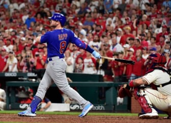 Oct 2, 2021; St. Louis, Missouri, USA;  Chicago Cubs left fielder Ian Happ (8) hits a go ahead two run home run during the ninth inning against the St. Louis Cardinals at Busch Stadium. Mandatory Credit: Jeff Curry-USA TODAY Sports