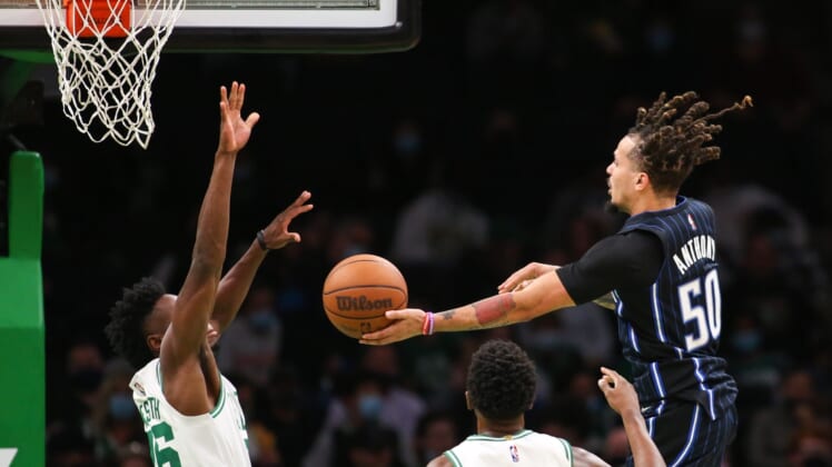 Oct 4, 2021; Boston, Massachusetts, USA; Orlando Magic guard Cole Anthony (50) passes the ball during the second half against the Boston Celtics at TD Garden. Mandatory Credit: Paul Rutherford-USA TODAY Sports