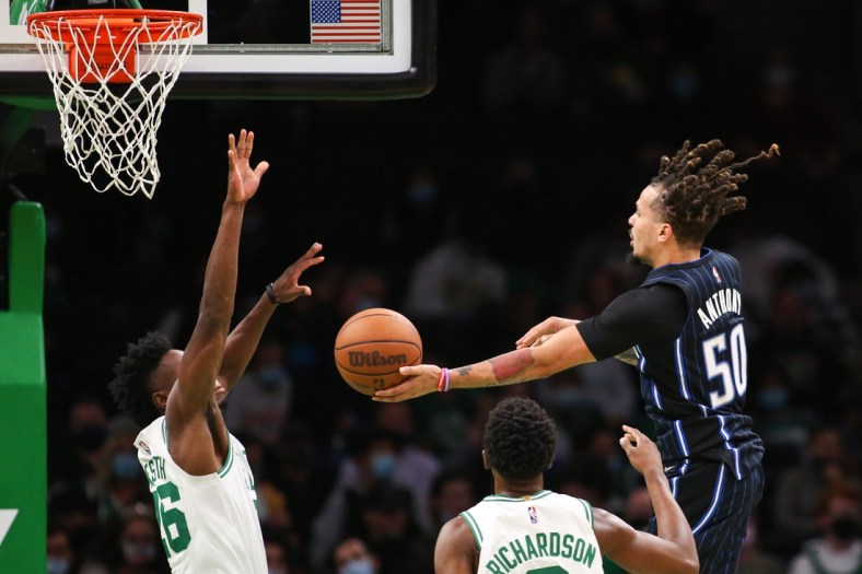 Oct 4, 2021; Boston, Massachusetts, USA; Orlando Magic guard Cole Anthony (50) passes the ball during the second half against the Boston Celtics at TD Garden. Mandatory Credit: Paul Rutherford-USA TODAY Sports