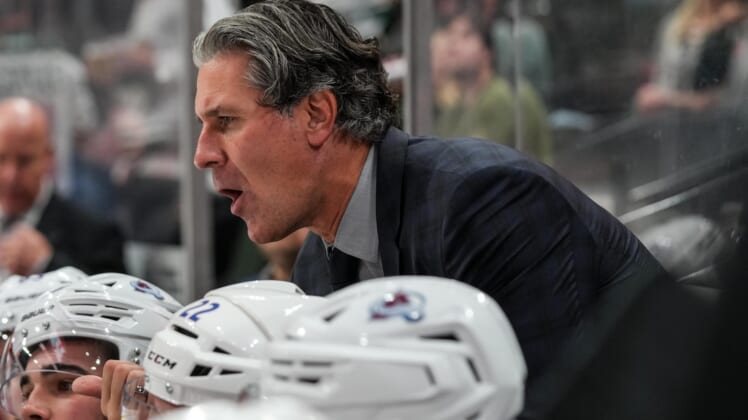 Oct 4, 2021; Saint Paul, Minnesota, USA; Colorado Avalanche head coach Jared Bednar during the second period against the Minnesota Wild at Xcel Energy Center. Mandatory Credit: Brace Hemmelgarn-USA TODAY Sports