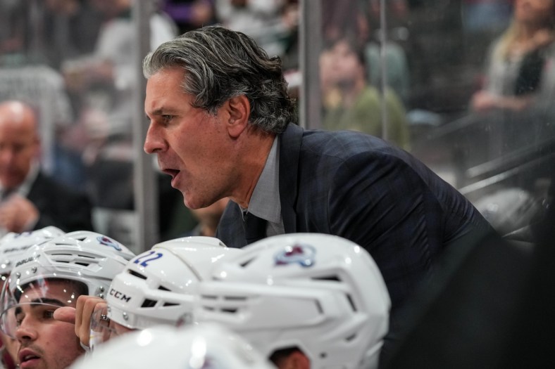 Oct 4, 2021; Saint Paul, Minnesota, USA; Colorado Avalanche head coach Jared Bednar during the second period against the Minnesota Wild at Xcel Energy Center. Mandatory Credit: Brace Hemmelgarn-USA TODAY Sports