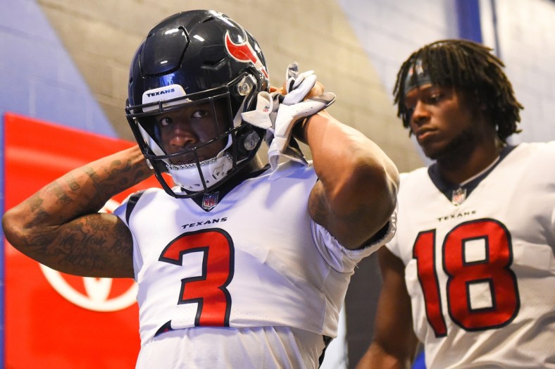 Oct 3, 2021; Orchard Park, New York, USA; Houston Texans wide receiver Anthony Miller (3) and wide receiver Chris Conley (18) walk to the field prior to the game against the Buffalo Bills at Highmark Stadium. Mandatory Credit: Rich Barnes-USA TODAY Sports