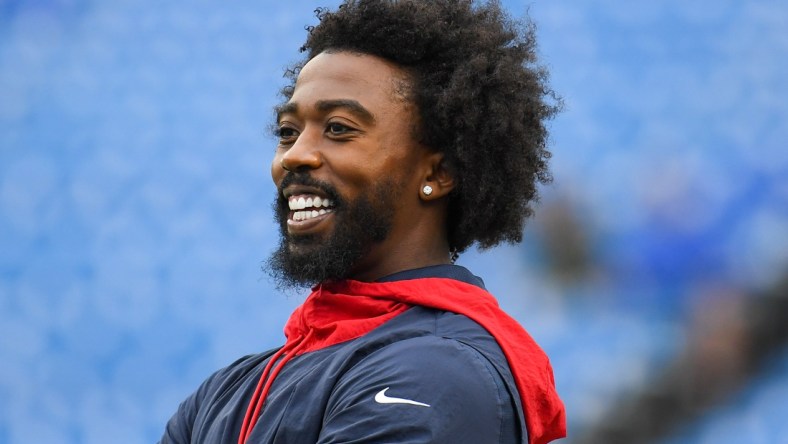 Oct 3, 2021; Orchard Park, New York, USA; Houston Texans quarterback Tyrod Taylor (5) looks on prior to the game against the Buffalo Bills at Highmark Stadium. Mandatory Credit: Rich Barnes-USA TODAY Sports