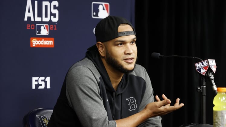 Oct 6, 2021; Tampa, Florida, USA; Boston Red Sox starting pitcher Eduardo Rodriguez (57) talks with media before ALDS workouts against the Tampa Bay Rays at Tropicana Field. Mandatory Credit: Kim Klement-USA TODAY Sports