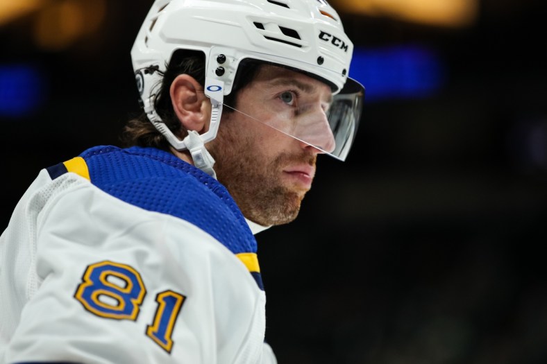 Oct 6, 2021; Saint Paul, Minnesota, USA; St. Louis Blues right wing James Neal (81) looks on against the Minnesota Wild in the first period at Xcel Energy Center. Mandatory Credit: David Berding-USA TODAY Sports