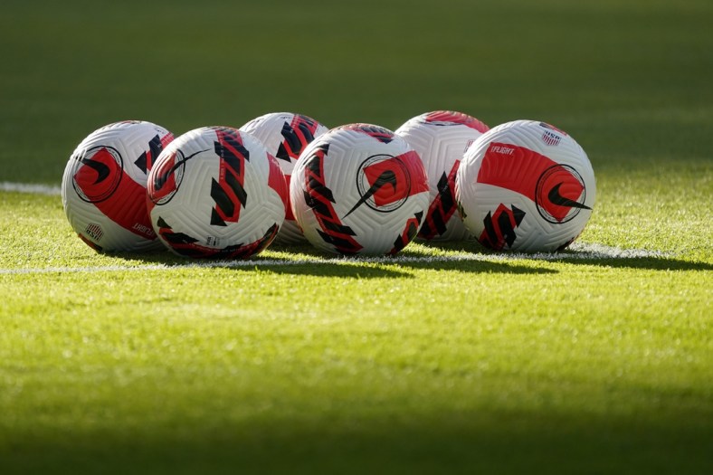Oct 7, 2021; Austin, Texas, USA; A detailed view of soccer balls before the FIFA World Cup Qualifier between Jamaica and the United States at Q2 Stadium. Mandatory Credit: Chuck Burton-USA TODAY Sports