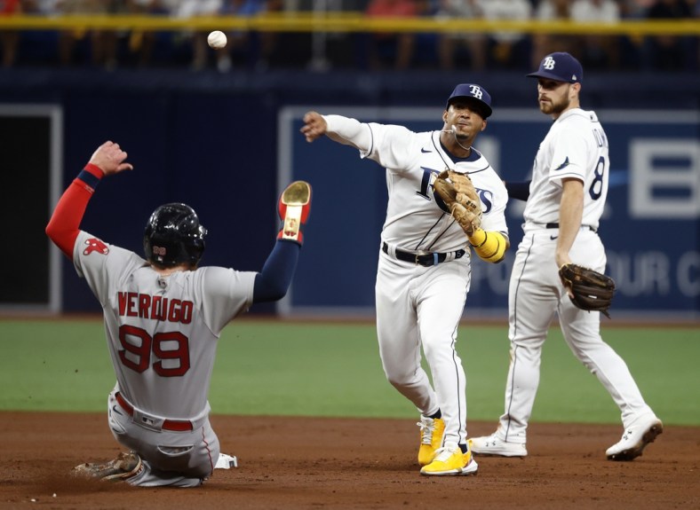 Oct 7, 2021; St. Petersburg, Florida, USA; Tampa Bay Rays shortstop Wander Franco (5) turns a double play during the second inning of game one of the 2021 ALDS against the Boston Red Sox at Tropicana Field. Mandatory Credit: Kim Klement-USA TODAY Sports