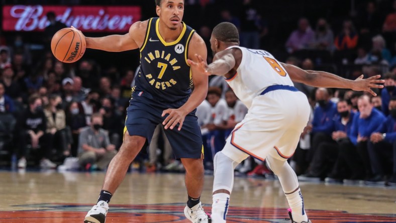 Oct 5, 2021; New York, New York, USA;  Indiana Pacers guard Malcolm Brogdon (7) at Madison Square Garden. Mandatory Credit: Wendell Cruz-USA TODAY Sports