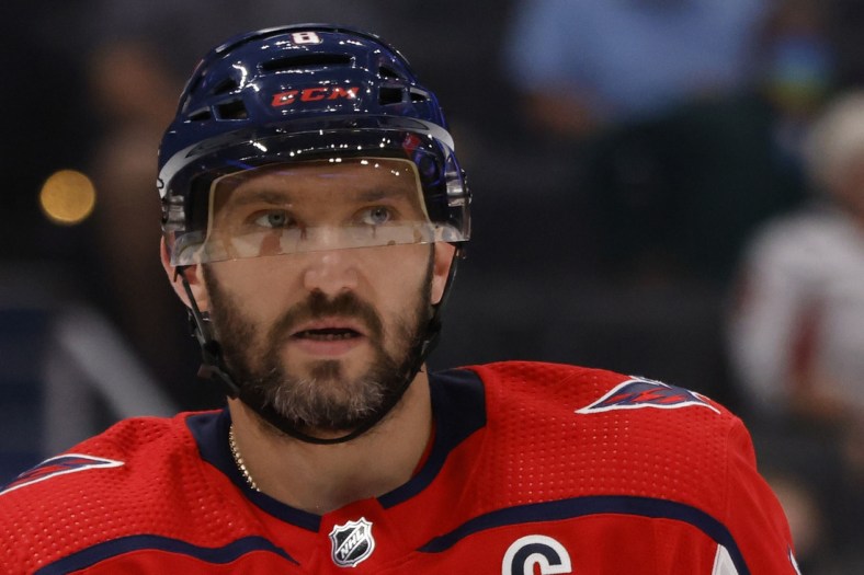Sep 29, 2021; Washington, District of Columbia, USA; Washington Capitals left wing Alex Ovechkin (8) on the ice against the New Jersey Devils at Capital One Arena. Mandatory Credit: Geoff Burke-USA TODAY Sports