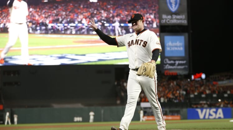 Oct 8, 2021; San Francisco, California, USA; San Francisco Giants starting pitcher Logan Webb (62) walks off the field after being relieved in the eighth inning against the Los Angeles Dodgers during game one of the 2021 NLDS at Oracle Park. Mandatory Credit: D. Ross Cameron-USA TODAY Sports
