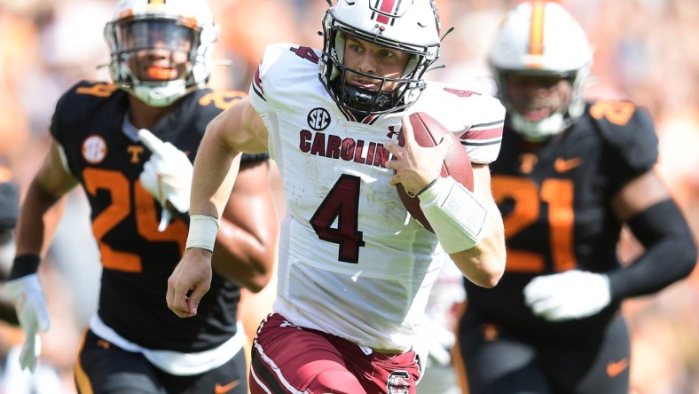 South Carolina quarterback Luke Doty (4) runs the ball down the field during an NCAA college football game between the Tennessee Volunteers and the South Carolina Gamecocks in Knoxville, Tenn. on Saturday, Oct. 9, 2021.

Kns Tennessee South Carolina Football