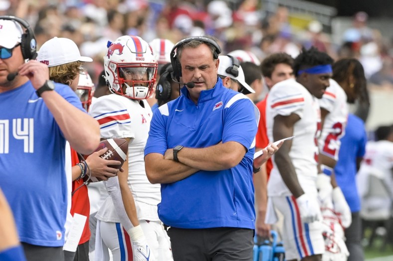 Oct 9, 2021; Annapolis, Maryland, USA; Southern Methodist Mustangs head coach Sonny Dykes durnign the first half against the Navy Midshipmen  at Navy-Marine Corps Memorial Stadium. Mandatory Credit: Tommy Gilligan-USA TODAY Sports