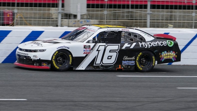 Oct 9, 2021; Concord, NC, USA; NASCAR Xfinity Series driver AJ Allmendinger (16) increases his lead during the Drive for the Cure 250 at Charlotte Motor Speedway. Mandatory Credit: Jim Dedmon-USA TODAY Sports