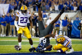 Oct 9, 2021; Lexington, Kentucky, USA; Kentucky Wildcats wide receiver Izayah Cummings (84) drops a pass in the end zone during the first quarter against the LSU Tigers at Kroger Field. Mandatory Credit: Jordan Prather-USA TODAY Sports