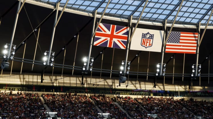 Oct 10, 2021; London, England, United Kingdom; A general view as fans watch a game featuring the Atlanta Falcons and New York Jets at Tottenham Hotspur Stadium. Mandatory Credit: Nathan Ray Seebeck-USA TODAY Sports