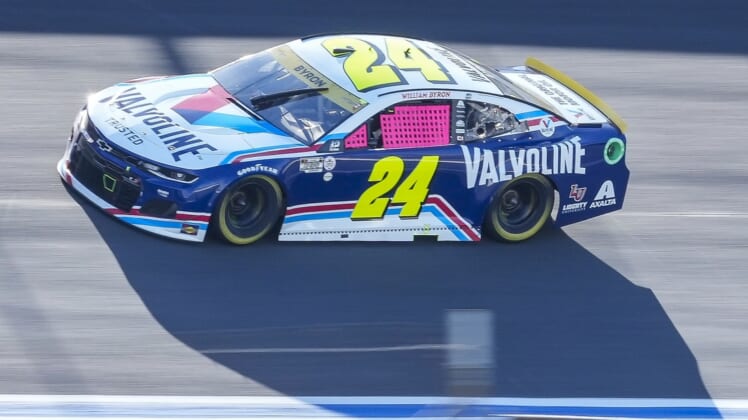 Oct 10, 2021; Concord, North Carolina, USA; NASCAR Cup Series driver William Byron (24) on the banking during the Bank of America Roval 400 at Charlotte Motor Speedway Road Course. Mandatory Credit: Jim Dedmon-USA TODAY Sports