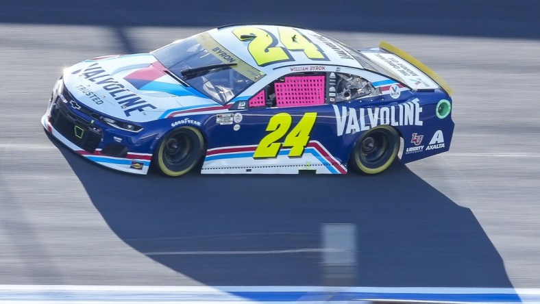 Oct 10, 2021; Concord, North Carolina, USA; NASCAR Cup Series driver William Byron (24) on the banking during the Bank of America Roval 400 at Charlotte Motor Speedway Road Course. Mandatory Credit: Jim Dedmon-USA TODAY Sports