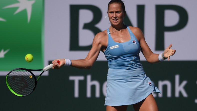 Oct 10, 2021; Indian Wells, CA, USA; Shelby Rogers (USA) hits a shot against Irina-Camelia Begu (ROU) at Indian Wells Tennis Garden. Mandatory Credit: Orlando Ramirez-USA TODAY Sports