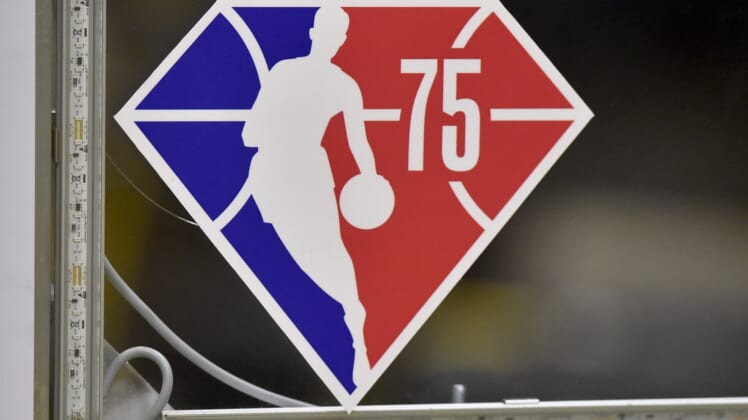 Oct 10, 2021; Cleveland, Ohio, USA; A general view of the NBA 75th Anniversary logo on a backboard at Rocket Mortgage FieldHouse. Mandatory Credit: David Richard-USA TODAY Sports
