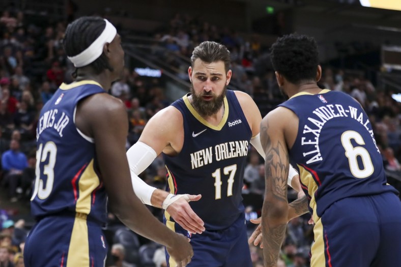 Oct 11, 2021; Salt Lake City, Utah, USA;  New Orleans Pelicans center Jonas Valanciunas (17) reacts after a play against the Utah Jazz in the third quarter at Vivint Arena. Mandatory Credit: Rob Gray-USA TODAY Sports