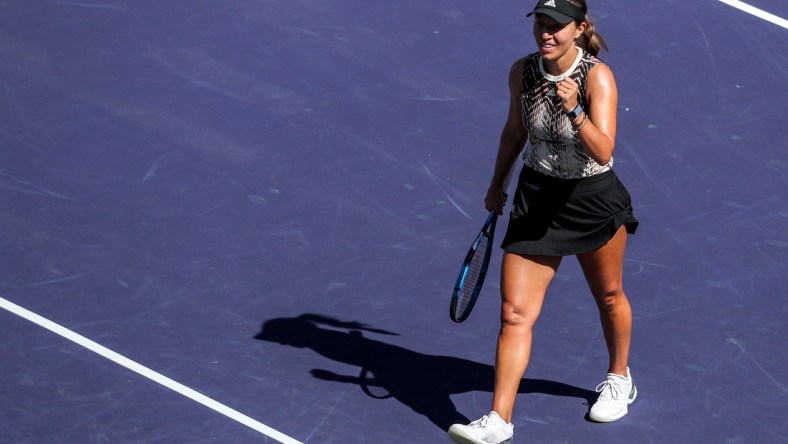 Jessica Pegula of the United States celebrates a win over Elina Svitolina of Ukraine in their round four match of the BNP Paribas Open, Tuesday, Oct. 12, 2021, in Indian Wells, Calif.