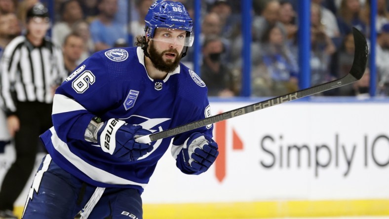 Oct 12, 2021; Tampa, Florida, USA; Tampa Bay Lightning right wing Nikita Kucherov (86) skates against the Pittsburgh Penguins during the third period at Amalie Arena. Mandatory Credit: Kim Klement-USA TODAY Sports