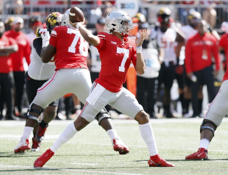 Ohio State Buckeyes quarterback C.J. Stroud (7) throws the ball against Maryland Terrapins during the second quarter of their NCAA college football game at Ohio Stadium in Columbus, Ohio on October 9, 2021.

Osu21mary Kwr 18