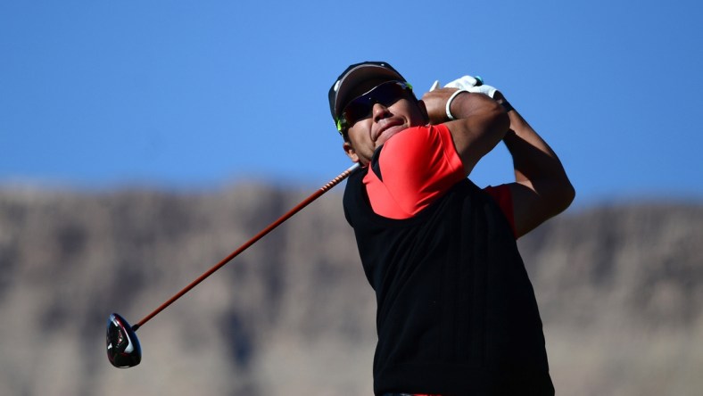 Oct 14, 2021; Las Vegas, Nevada, USA; Hideki Matsuyama tees off on the third during the first round of the CJ Cup golf tournament. Mandatory Credit: Joe Camporeale-USA TODAY Sports