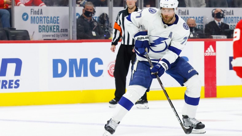 Oct 14, 2021; Detroit, Michigan, USA; Tampa Bay Lightning defenseman Victor Hedman (77) skates with the puck in the first period against the Detroit Red Wings at Little Caesars Arena. Mandatory Credit: Rick Osentoski-USA TODAY Sports