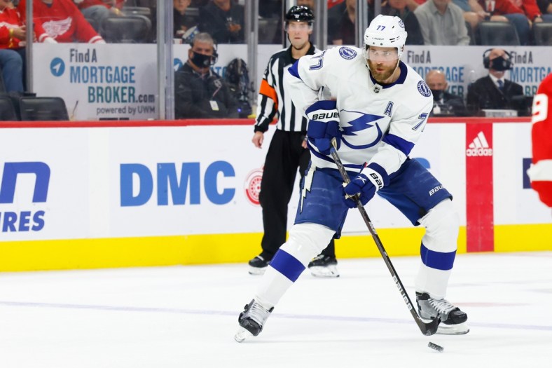 Oct 14, 2021; Detroit, Michigan, USA; Tampa Bay Lightning defenseman Victor Hedman (77) skates with the puck in the first period against the Detroit Red Wings at Little Caesars Arena. Mandatory Credit: Rick Osentoski-USA TODAY Sports
