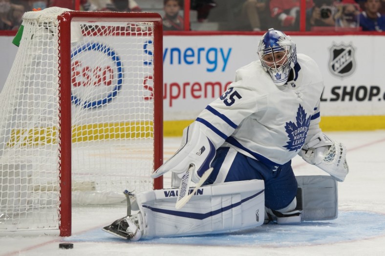Oct 14, 2021; Ottawa, Ontario, CAN; Toronto Maple Leafs goalie Petr Mrazek (35) makes a save in the second period against the Ottawa Senators at the Canadian Tire Centre. Mandatory Credit: Marc DesRosiers-USA TODAY Sports