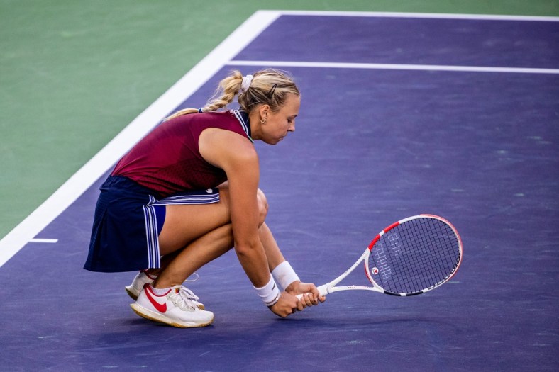 Anett Kontaveit of Estonia reacts during her loss to Ons Jabeur of Tunisia in their quarterfinal match at the BNP Paribas Open in Indian Wells, Calif., on October 14, 2021.

Ons Jabeur Def Anett Kontaveit Bnp Paribas2148