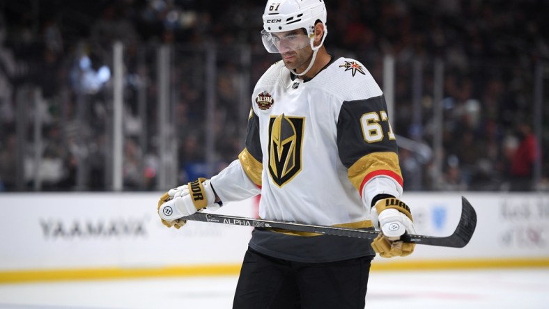 Oct 14, 2021; Los Angeles, California, USA; Vegas Golden Knights left wing Max Pacioretty (67) looks on during the second period against the Los Angeles Kings at Staples Center. Mandatory Credit: Orlando Ramirez-USA TODAY Sports